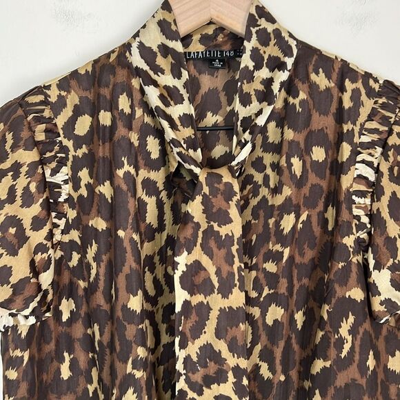 Lafayette 148 New York 100% Silk Blouse Neck Tie Button Down Animal Print Size 4 - Picture 4 of 8